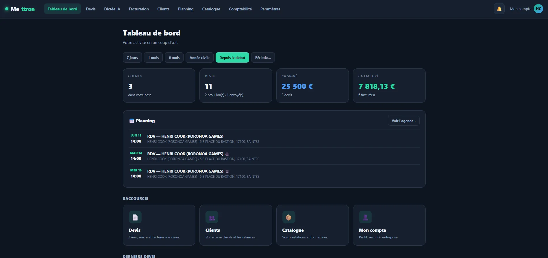 Application Mettron — tableau de bord devis, facturation et CRM